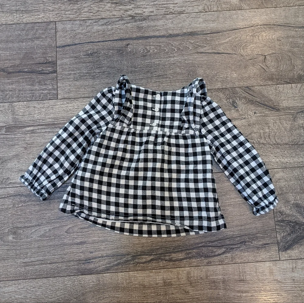 Gap 18-24 Month Buffalo Plaid Flannel Ruffle Black White Blouse